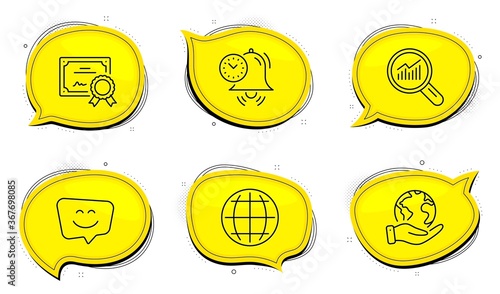 Time management sign. Diploma certificate, save planet chat bubbles. Data analysis, Globe and Smile face line icons set. Magnifying glass, Internet world, Chat. Alarm clock. Technology set. Vector