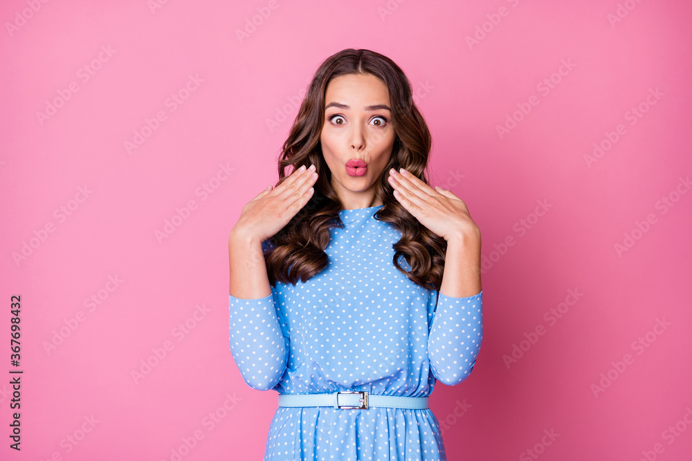 Portrait of her she nice-looking attractive lovely pretty cheery amazed wavy-haired lady great news sale discount black Friday pout lips isolated over pink pastel color background Portrait of her she nice-looking attractive lovely pretty cheery amazed wavy-haired lady great news sale discount black Friday pout lips isolated over pink pastel color background