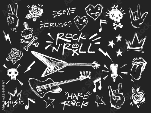 Rock n roll elements collection. Vector hard rock doodle illustrations, signs, objects, symbols. Cartoon rock star icon for music band, concert, party. Isolated on Black background