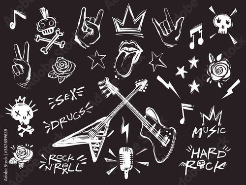 Rock n roll elements collection. Vector hard rock doodle illustrations, signs, objects, symbols. Cartoon rock star icon for music band, concert, party. Isolated on Black background