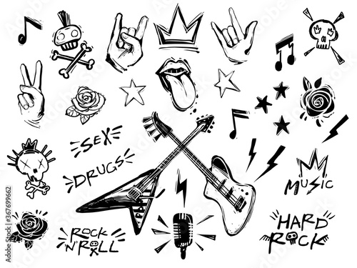 Punk rock n roll elements collection. Vector hard rock doodle illustrations, signs, objects, symbols. Cartoon rock star icon for music band, concert, party. Isolated on white background photo