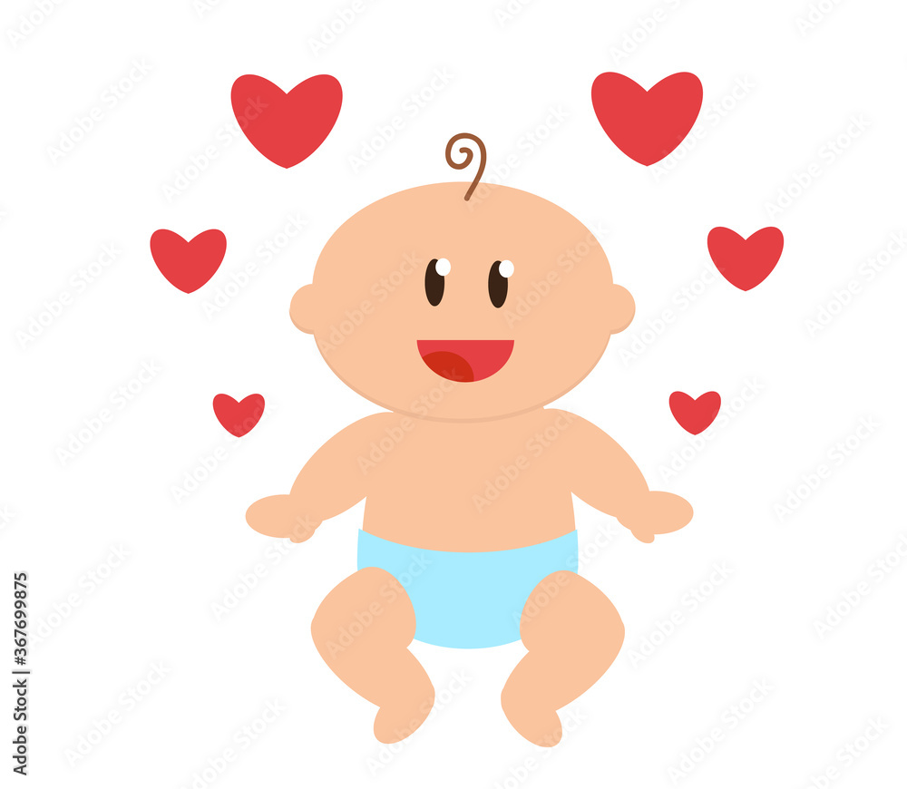 Small child and hearts on a white background. Vector illustration.