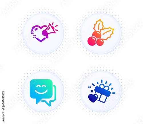 Love message, Smile face and Christmas holly icons simple set. Button with halftone dots. Love gift sign. Heart, Chat, Ilex aquifolium. Holidays set. Gradient flat love message icon. Vector
