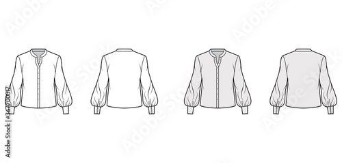 Stand collar shirt technical fashion illustration with long bishop sleeve with cuff, front button-fastening, loose silhouette. Flat apparel template front back white grey color. Women, men unisex top