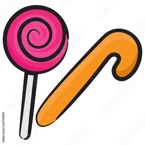 
Sweet dessert candies, lollipop with candy cane icon 
