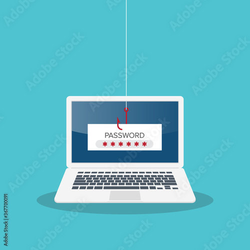 The fishing hook is stealing password on a laptop. Vector illustration.