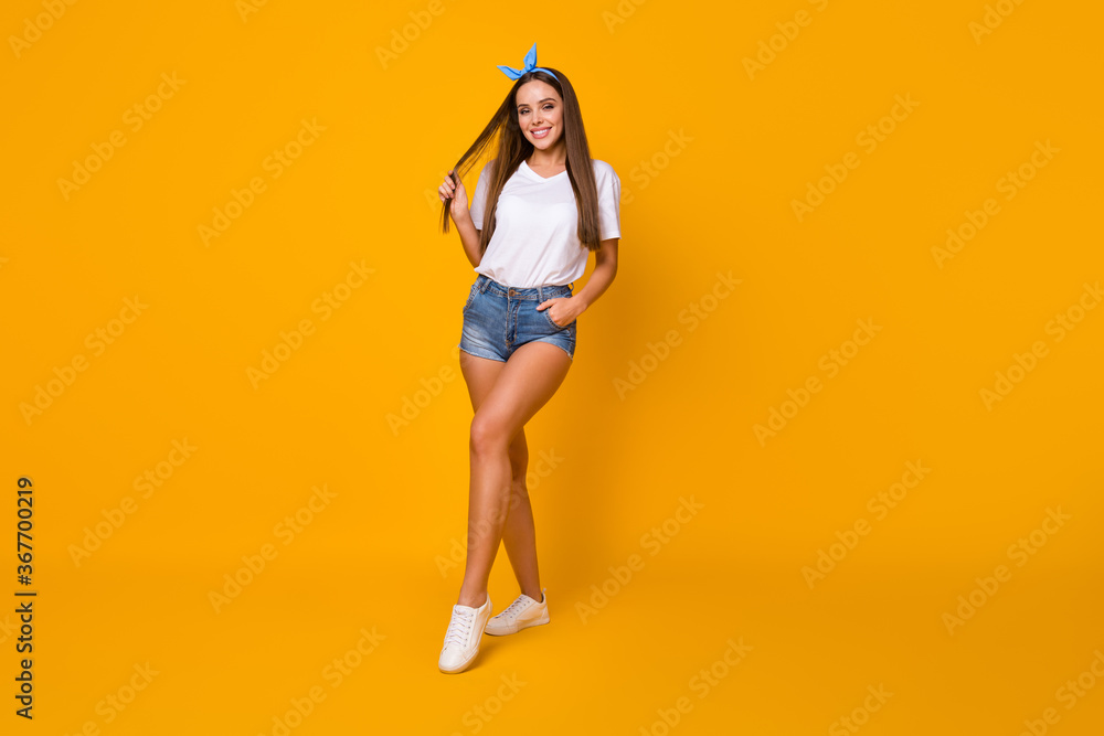 Full length photo attractive stunning content girl enjoy spring free time touch hands legs smooth strong haircut haircare procedure wear blue outfit isolated shine bright color background Full length photo attractive stunning content girl enjoy spring free time touch hands legs smooth strong haircut haircare procedure wear blue outfit isolated shine bright color background