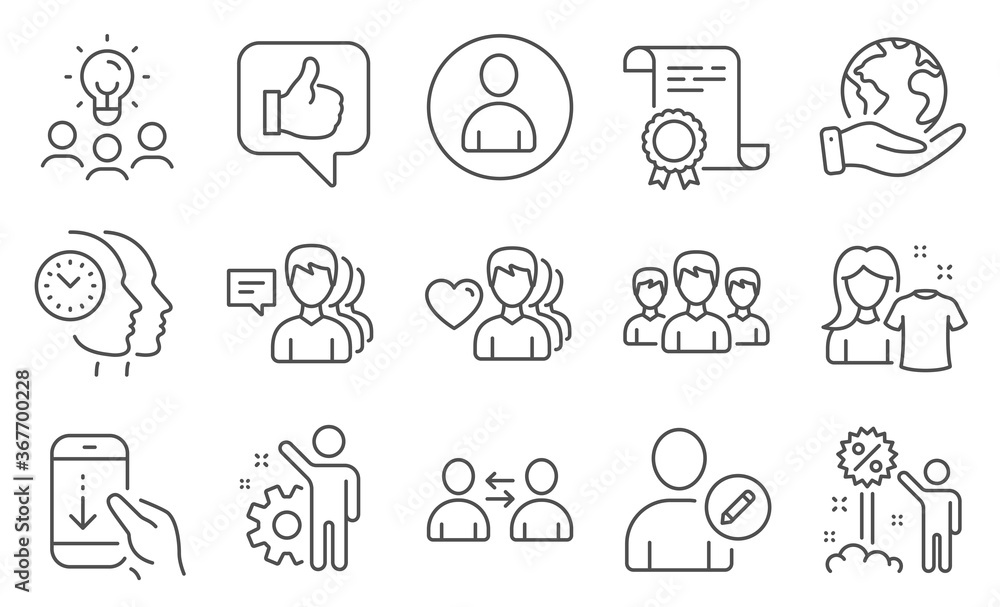 Set of People icons, such as Time management, Group. Diploma, ideas, save planet. People, Man love, Scroll down. Edit user, Employee, Communication. Like, Discount, Clean shirt. Vector Set of People icons, such as Time management, Group. Diploma, ideas, save planet. People, Man love, Scroll down. Edit user, Employee, Communication. Like, Discount, Clean shirt. Vector