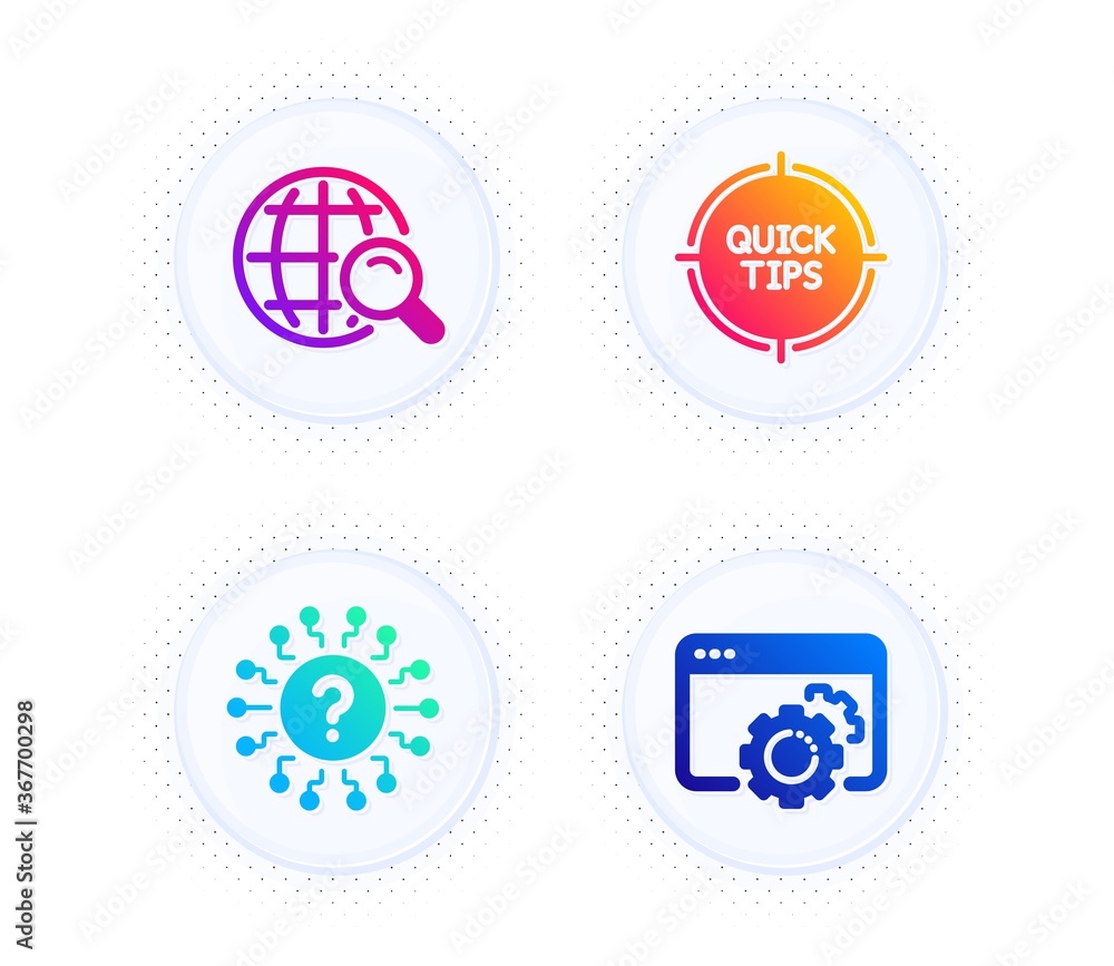 Internet search, Tips and Question mark icons simple set. Button with halftone dots. Seo gear sign. Web finder, Quick tricks, Quiz chat. Settings. Science set. Vector