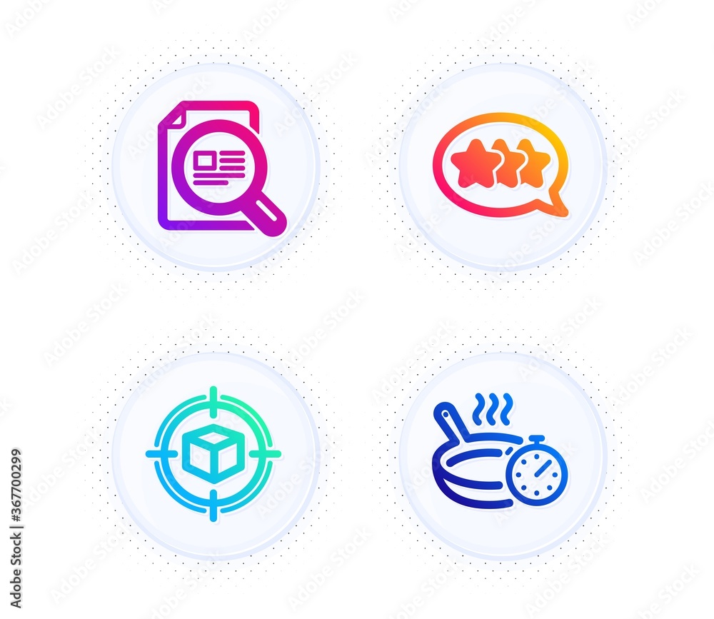 Stars, Parcel tracking and Check article icons simple set. Button with halftone dots. Frying pan sign. Customer feedback, Box in target, Magnifying glass. Cooking timer. Business set. Vector
