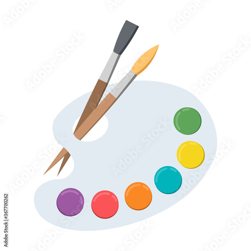 Palette with paints and brush isolated on white background