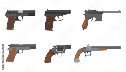 Vector set of one handed weapons pistol and handgun icons.