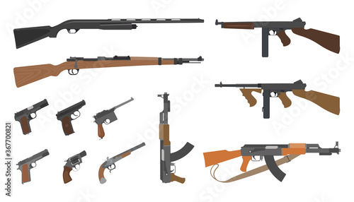 Pistols, shotguns. Cartoon vector gun collection of hotgun and handgun, military pistol and weapon illustration.