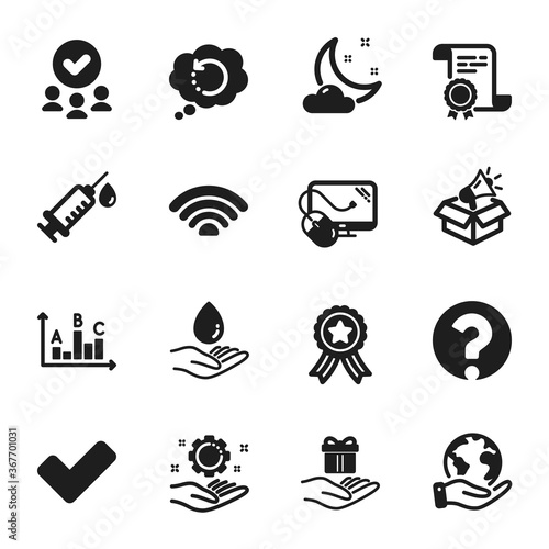 Set of Business icons, such as Survey results, Computer mouse. Certificate, approved group, save planet. Night weather, Wifi, Water care. Medical syringe, Employee hand, Tick. Vector