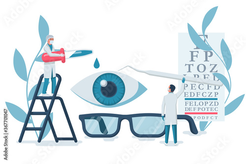 Ophthalmology concept. Web banner, template for eye examination. A group of doctors treats and examines the eyes. Professional doctor. Vector illustration flat design. Isolated on white background.