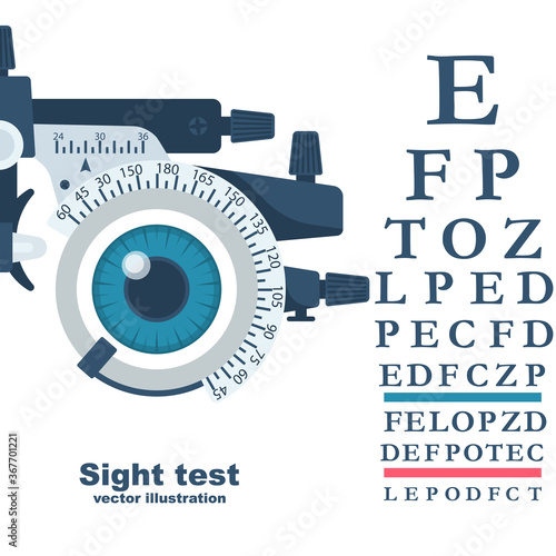 Sight test. Diagnosis of vision. Eye test frame. Vision test. Check Eyesight. Vector illustration flat design. Isolated on background. Template ophthalmology clinic. Diopter with scale of measurement