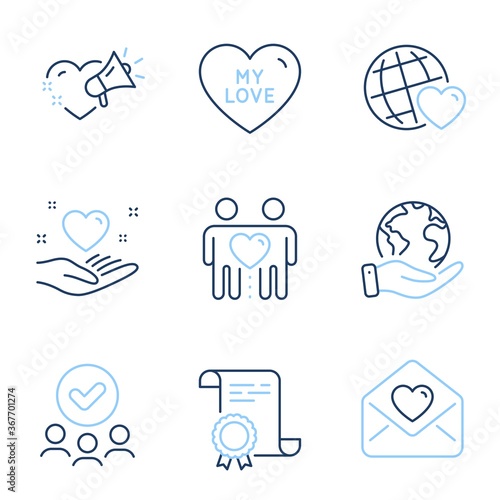 My love, Friends couple and Friends world line icons set. Diploma certificate, save planet, group of people. Love message, Hold heart signs. Sweet heart, Friendship. Love set. Line icon set. Vector