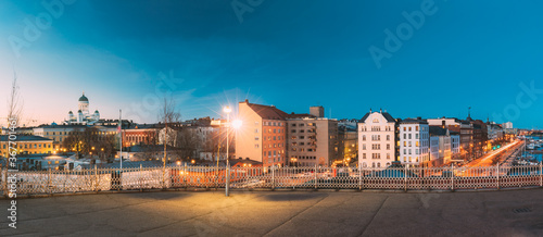 Helsinki, Finland. Panoramic View Of Helsinki Cathedral And Pohjoisranta Street In Evening Illuminations