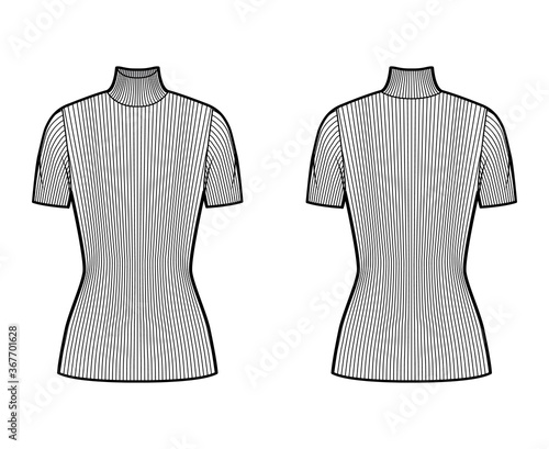 Turtleneck ribbed-knit sweater technical fashion illustration with short rib sleeves, fitted body, tunic length. Flat sweater apparel template front, back white color. Women, men, unisex shirt top CAD