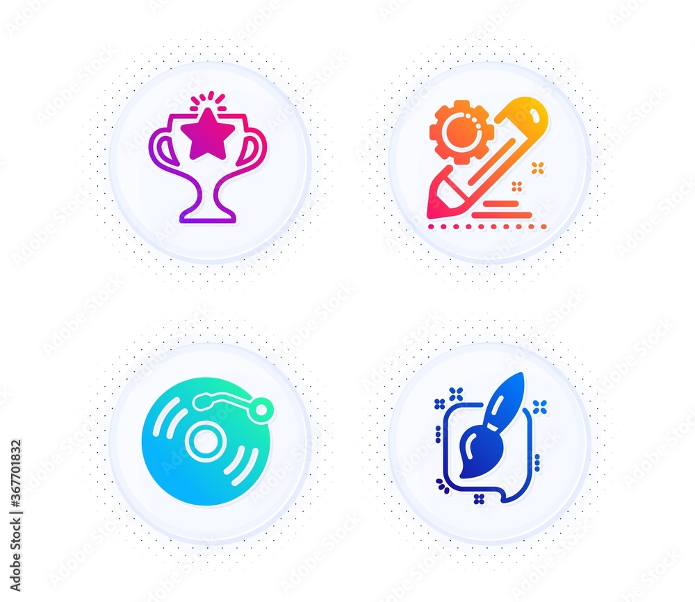 Victory, Vinyl record and Project edit icons simple set. Button with halftone dots. Painting brush sign. Championship prize, Retro music, Settings. Graphic art. Education set. Vector Victory, Vinyl record and Project edit icons simple set. Button with halftone dots. Painting brush sign. Championship prize, Retro music, Settings. Graphic art. Education set. Vector
