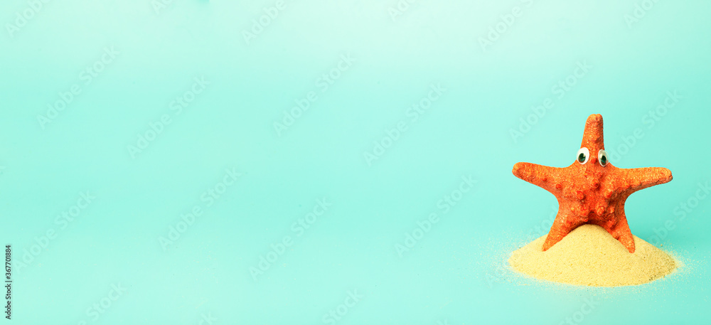 Vacation, summer, relaxation and sea concept banner background. Minimal creative composition with a sea star on a colored clean background. Vacation, summer, relaxation and sea concept banner background. Minimal creative composition with a sea star on a colored clean background.