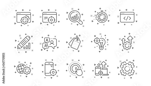 Website stats, Target and Increase sales signs. Seo line icons. Traffic management, social network and seo optimization icons. Linear set. Geometric elements. Quality signs set. Vector