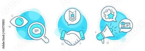 Shoulder strap, Chat and Star line icons set. Handshake deal, research and promotion complex icons. Online help sign. Star rank, Speech bubble, Customer feedback. Web support. Business set. Vector