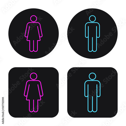 Man and woman square and round icon set. Male and female gender profile symbol. Men and women wc logo. Toilet and bathroom sign. Person outline silhouette. Vector illustration image.