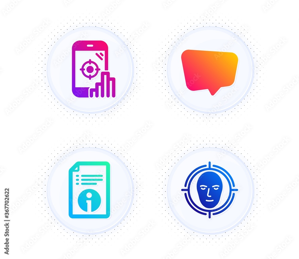 Technical info, Chat message and Seo phone icons simple set. Button with halftone dots. Face detect sign. Documentation, Speech bubble, Search engine. Select target. Technology set. Vector Technical info, Chat message and Seo phone icons simple set. Button with halftone dots. Face detect sign. Documentation, Speech bubble, Search engine. Select target. Technology set. Vector