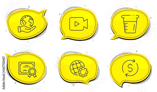 Dollar exchange sign. Diploma certificate, save planet chat bubbles. Cooking beaker, Globe and Video camera line icons set. Water, Internet settings, Movie or cinema. Banking rates. Vector