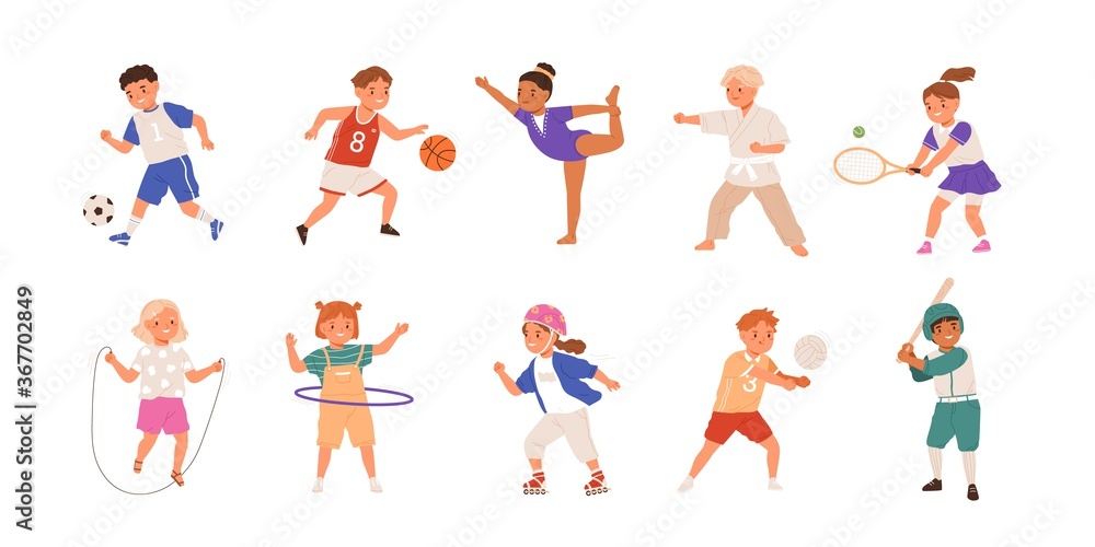 Happy children playing sport game, doing physical exercise. Training set. Football, baseball, tennis, karate. Active healthy childhood. Flat vector cartoon illustration isolated on white background - obrazy, fototapety, plakaty 