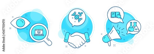 Chemistry lab, Chemistry dna and Search book line icons set. Handshake deal, research and promotion complex icons. Website education sign. Laboratory, Chemical formula, Online education. Vector