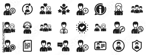 Male and Female Profile, Group and Support icons. User people icons. ID card, Teamwork people and Businessman symbols. Couple love, Security profile and User management support. Vector © blankstock