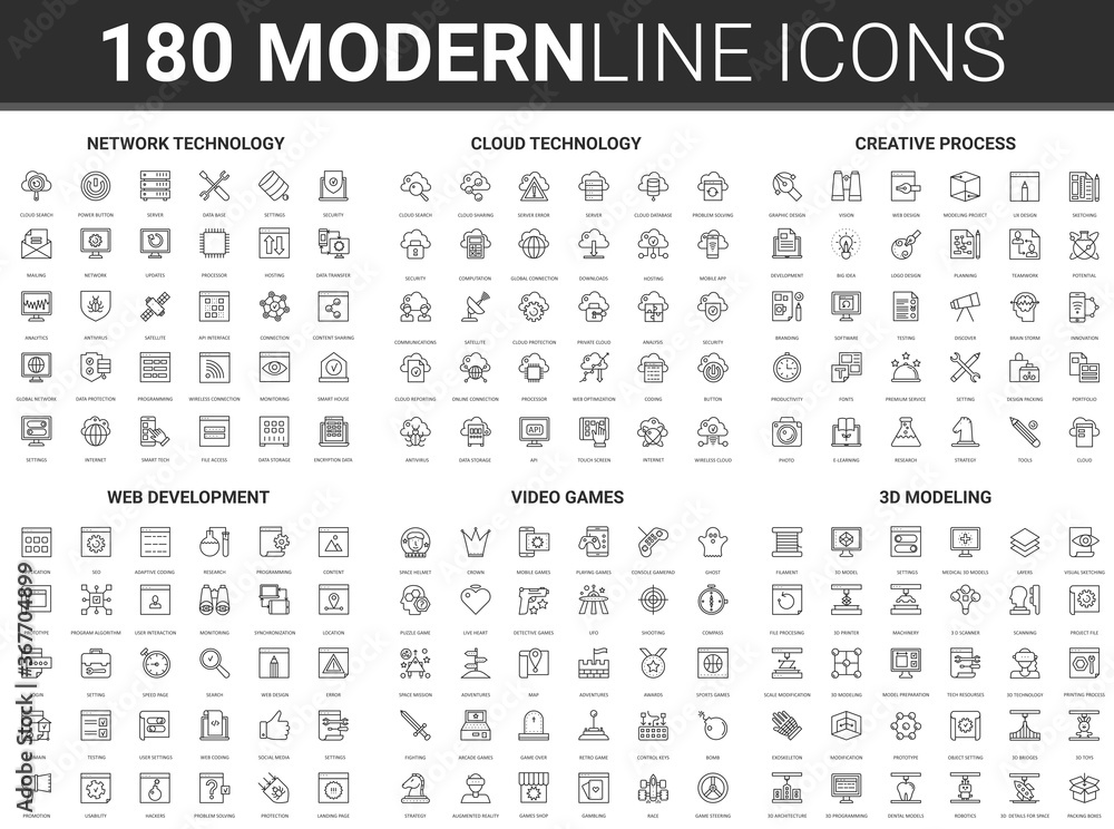© lembergvector - Data cloud digital technology vector illustration. Flat thin line icon set of creative science tech process, network web security, website and video game development, 3d modeling infographic symbols