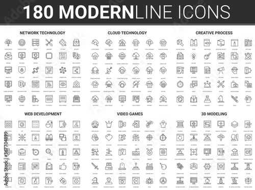 Data cloud digital technology vector illustration. Flat thin line icon set of creative science tech process, network web security, website and video game development, 3d modeling infographic symbols