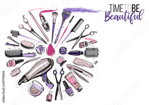 Beauty salon, manicure, makeup, hairdressing poster, flyer, template design. Fashion woman accessory illustration icon logo set isolated vector on white background