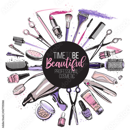 Beauty salon, manicure, makeup, hairdressing poster, flyer, template design. Fashion woman accessory illustration icon logo set isolated vector on white background