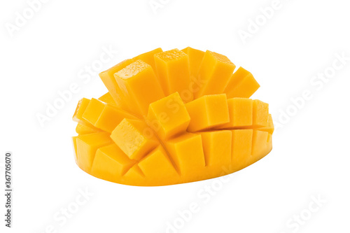 Cut ripe mango isolated on white. Exotic fruit