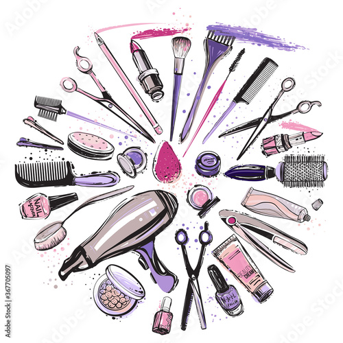 Beauty salon, manicure, makeup, hairdressing products and equipment. Poster, flyer, template design. Fashion woman accessory illustration icon logo set isolated vector on white background