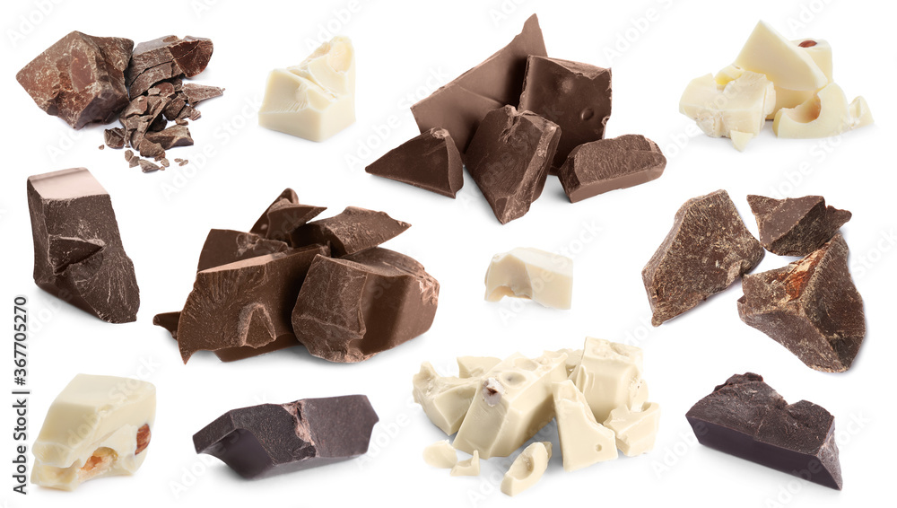 Set with delicious chocolate chunks on white background Set with delicious chocolate chunks on white background