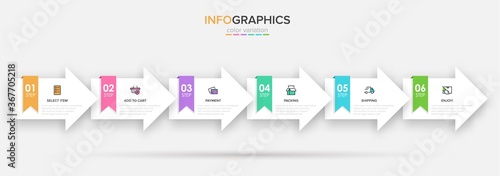 Concept of shopping process with 6 successive steps. Six colorful graphic elements. Timeline design for brochure, presentation, web site. Infographic design layout.