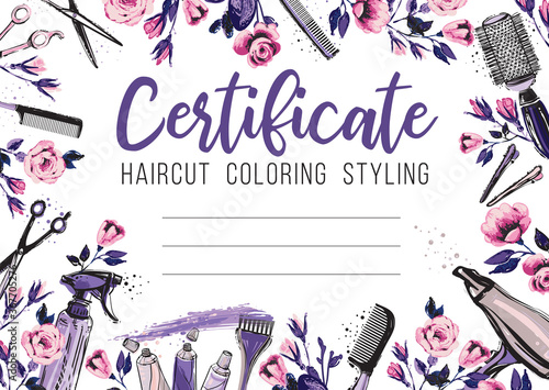 Hair cut and rose flower. Hairdressing business card, certificate or gift voucher, flyer. Beautiful illustration in watercolor style on white background