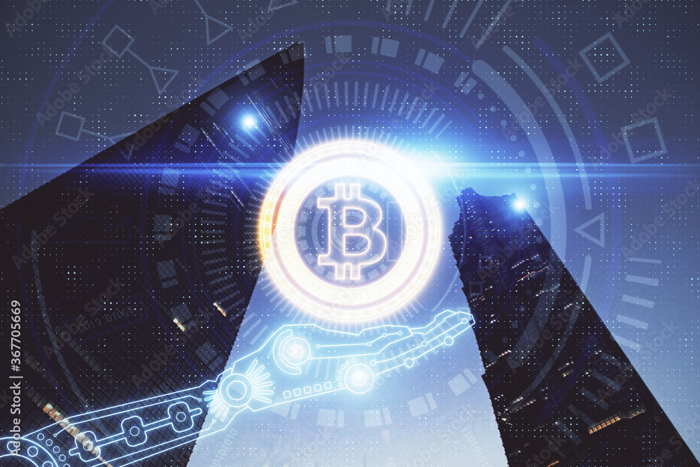 Multi exposure of cryptocurrency theme hologram drawing and city veiw background. Concept of blockchain and bitcoin. Multi exposure of cryptocurrency theme hologram drawing and city veiw background. Concept of blockchain and bitcoin.
