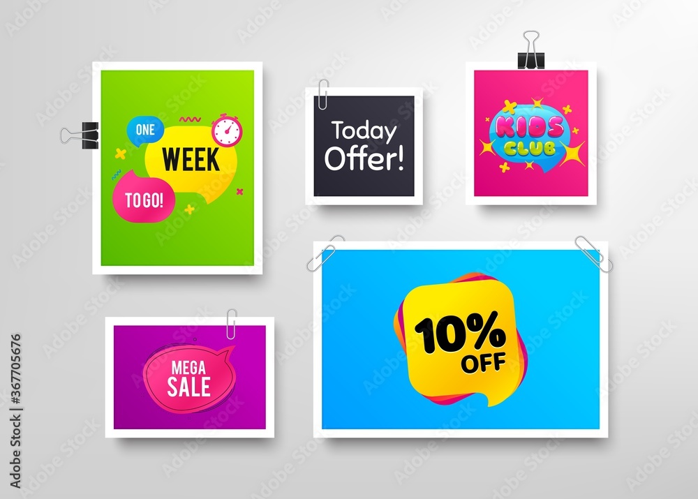 Mega sale, 10% discount and Kids club. Frames with promotional banners. Discount banner with speech bubble. One week to go badge. Photo frames and sale offers. Vector Mega sale, 10% discount and Kids club. Frames with promotional banners. Discount banner with speech bubble. One week to go badge. Photo frames and sale offers. Vector