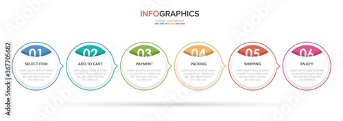 Concept of shopping process with 6 successive steps. Six colorful graphic elements. Timeline design for brochure, presentation, web site. Infographic design layout.
