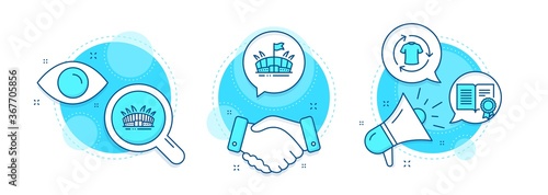 Diploma, Arena stadium and Arena line icons set. Handshake deal, research and promotion complex icons. Change clothes sign. Document with badge, Sport complex, Sport stadium. Shirt. Sports set. Vector