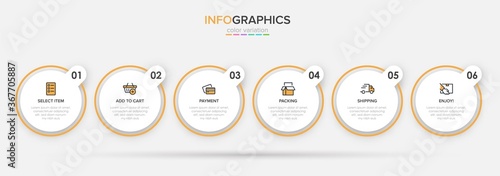 Concept of shopping process with 6 successive steps. Six colorful graphic elements. Timeline design for brochure, presentation, web site. Infographic design layout.