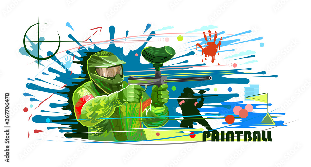 Fototapeta premium Gracz paintball w wektorze maski. Bitwa drużynowa. Farba do piłek. Broń w walce. Plamy i odpryski. Baner na białą, lekką koszulkę, reklamowy. Drużyny paintballowe rywalizują z pistoletami. Klub Sportowy.
