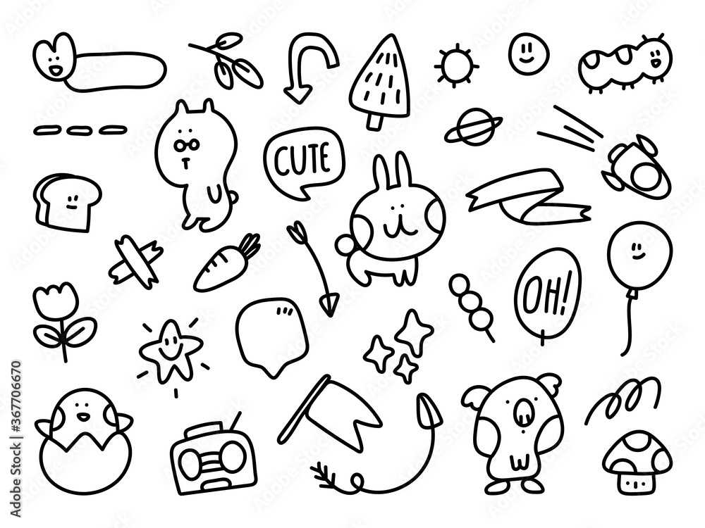 Cute animal hand drawn doodle vector collection. Cute sign for children, valentine and print design element.