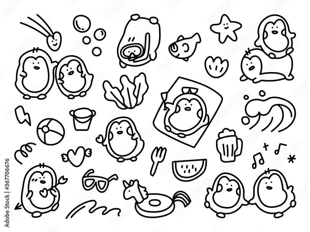 Cute couple penguin and animal hand drawn doodle vector collection ...